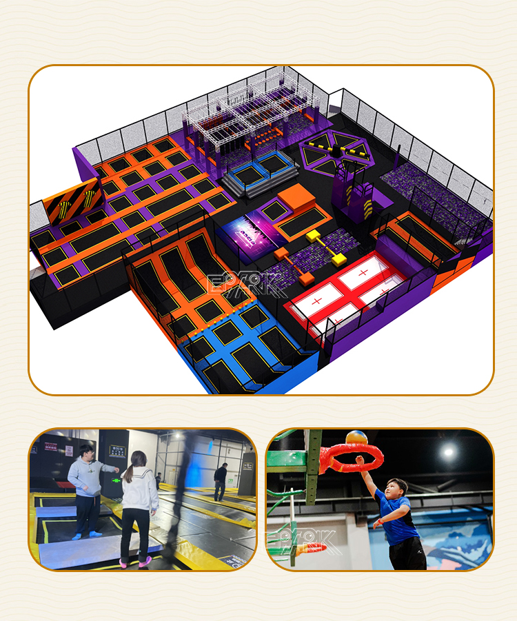 🟠 Design Highlights Efficient Flow: Seamless connection between activity zones ensures smooth traffic movement. Safety First: Protective mesh fencing and soft landings enhance safety throughout. Multi-Age Appeal: Suitable for kids, teens, and adults—great for families and group events. Instagrammable Setup: The bright color palette and dynamic layout are ideal for photo ops and branding.