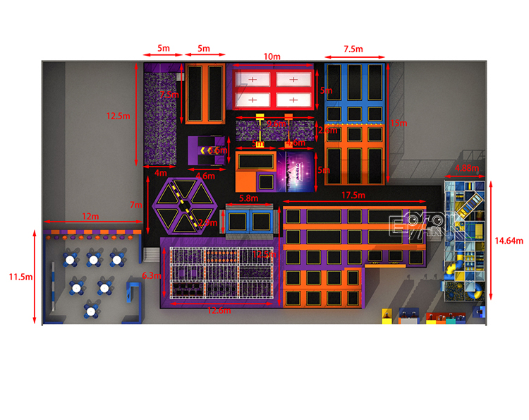 🟠 Design Highlights Efficient Flow: Seamless connection between activity zones ensures smooth traffic movement. Safety First: Protective mesh fencing and soft landings enhance safety throughout. Multi-Age Appeal: Suitable for kids, teens, and adults—great for families and group events. Instagrammable Setup: The bright color palette and dynamic layout are ideal for photo ops and branding.