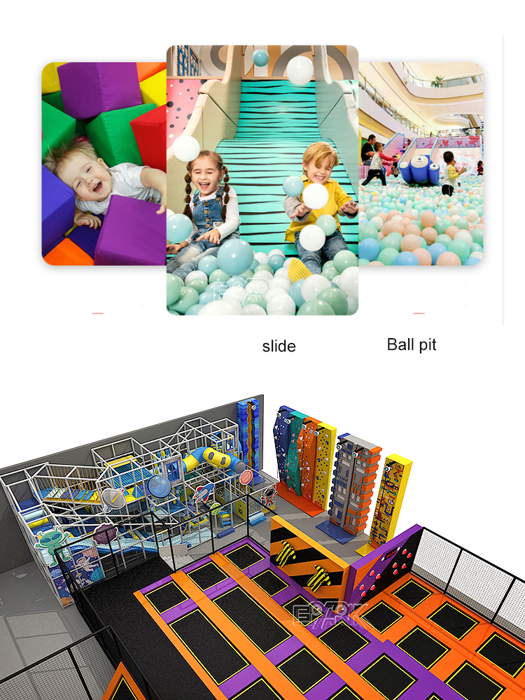 🟠 Design Highlights Efficient Flow: Seamless connection between activity zones ensures smooth traffic movement. Safety First: Protective mesh fencing and soft landings enhance safety throughout. Multi-Age Appeal: Suitable for kids, teens, and adults—great for families and group events. Instagrammable Setup: The bright color palette and dynamic layout are ideal for photo ops and branding.