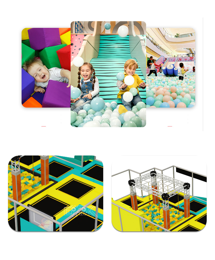 这是一款多功能室内游乐设备，集蹦床区和挑战区于一体。它采用高品质安全栏杆和柔软的填充材料设计，设有多个跳跃区、攀爬架和泡沫坑。中央挑战区设有吊绳和旋转桥，有助于培养孩子的身体协调性和勇气。非常适合蹦床公园、家庭娱乐中心和商业游乐场所。