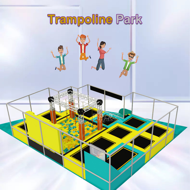 This is a multifunctional indoor play equipment that combines a trampoline area with a challenge zone. Designed with high-quality safety railings and soft padding materials, it features multiple jumping sections, a climbing frame, and a foam pit. The central challenge zone includes hanging ropes and swing bridges, helping to develop children's physical coordination and courage. Ideal for trampoline parks, family entertainment centers, and commercial play venues.