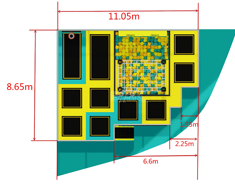This is a multifunctional indoor play equipment that combines a trampoline area with a challenge zone. Designed with high-quality safety railings and soft padding materials, it features multiple jumping sections, a climbing frame, and a foam pit. The central challenge zone includes hanging ropes and swing bridges, helping to develop children's physical coordination and courage. Ideal for trampoline parks, family entertainment centers, and commercial play venues.
