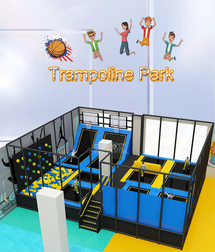This image showcases a well-designed indoor trampoline park area with multiple activity zones for children and teenagers. On the left side, there is a climbing wall paired with a foam pit, encouraging physical challenges with soft landing support. The central section features a trampoline basketball area with dual hoops, allowing users to enjoy slam dunk experiences while bouncing. The right section is a free jump zone suitable for multiple participants, promoting social interaction and active fun. The layout uses a combination of blue, yellow, and black, creating a vibrant and energetic environment. Safety is enhanced through transparent glass panels and secure stair access located centrally at the front.