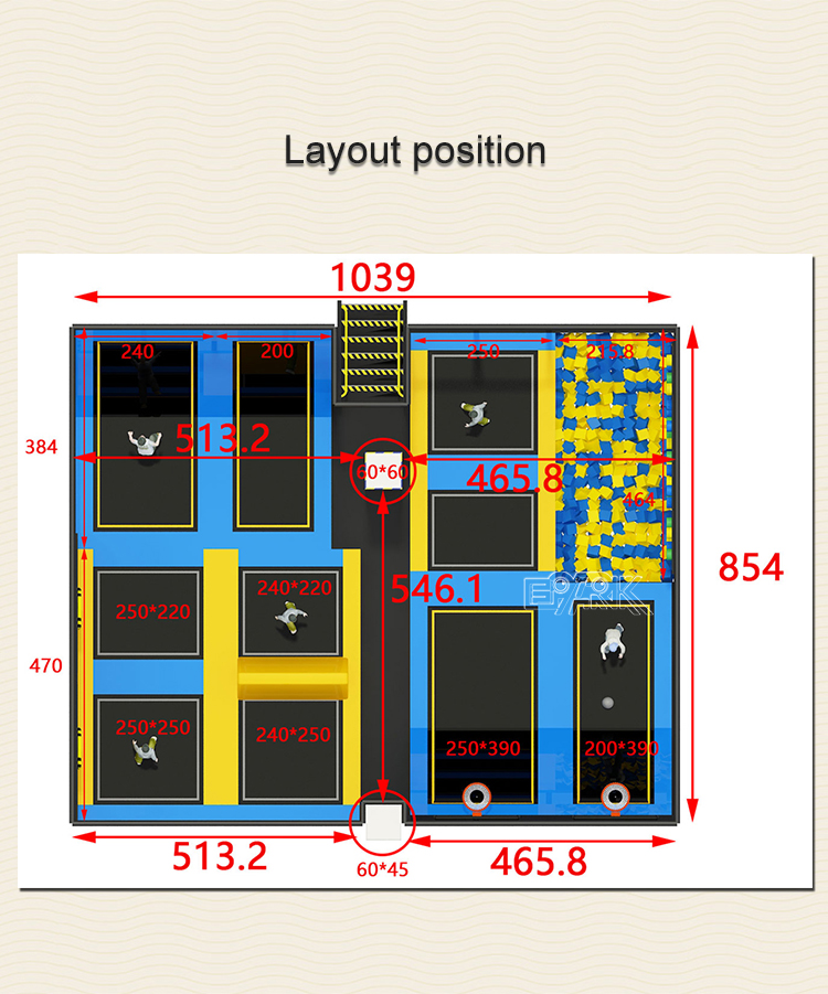 This image showcases a well-designed indoor trampoline park area with multiple activity zones for children and teenagers. On the left side, there is a climbing wall paired with a foam pit, encouraging physical challenges with soft landing support. The central section features a trampoline basketball area with dual hoops, allowing users to enjoy slam dunk experiences while bouncing. The right section is a free jump zone suitable for multiple participants, promoting social interaction and active fun. The layout uses a combination of blue, yellow, and black, creating a vibrant and energetic environment. Safety is enhanced through transparent glass panels and secure stair access located centrally at the front.