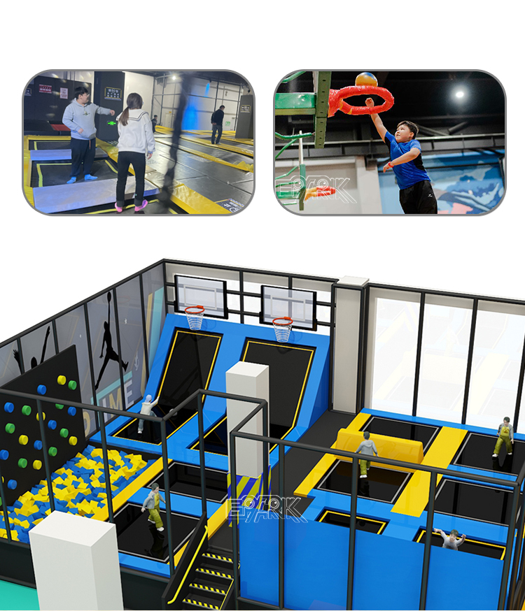 This image showcases a well-designed indoor trampoline park area with multiple activity zones for children and teenagers. On the left side, there is a climbing wall paired with a foam pit, encouraging physical challenges with soft landing support. The central section features a trampoline basketball area with dual hoops, allowing users to enjoy slam dunk experiences while bouncing. The right section is a free jump zone suitable for multiple participants, promoting social interaction and active fun. The layout uses a combination of blue, yellow, and black, creating a vibrant and energetic environment. Safety is enhanced through transparent glass panels and secure stair access located centrally at the front.