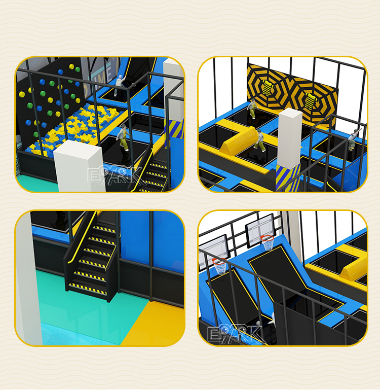 This image showcases a well-designed indoor trampoline park area with multiple activity zones for children and teenagers. On the left side, there is a climbing wall paired with a foam pit, encouraging physical challenges with soft landing support. The central section features a trampoline basketball area with dual hoops, allowing users to enjoy slam dunk experiences while bouncing. The right section is a free jump zone suitable for multiple participants, promoting social interaction and active fun. The layout uses a combination of blue, yellow, and black, creating a vibrant and energetic environment. Safety is enhanced through transparent glass panels and secure stair access located centrally at the front.
