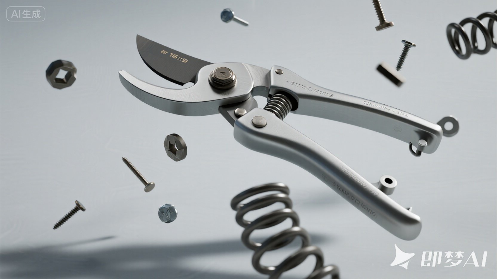 Exploded view of a custom pruning shear showing OEM manufacturing components like the blade, spring, and handles.