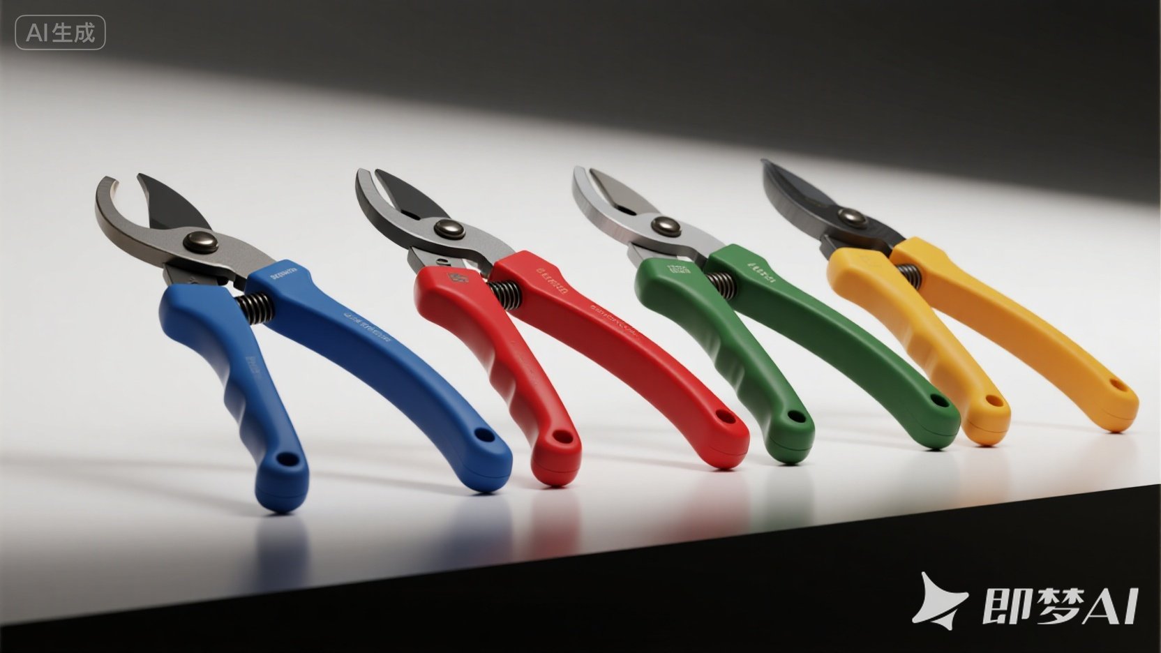 A lineup of custom handle options for private label pruning shears, each in a different Pantone brand color.