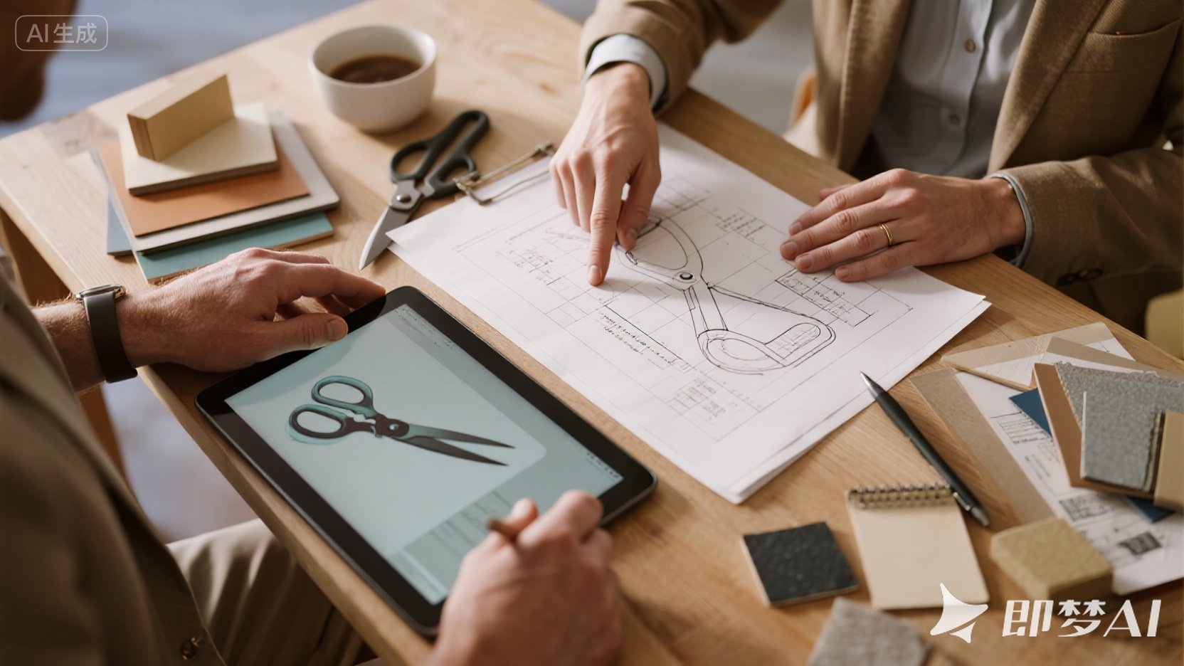 The collaborative OEM design process for custom pruning shears, showing blueprints and 3D models.