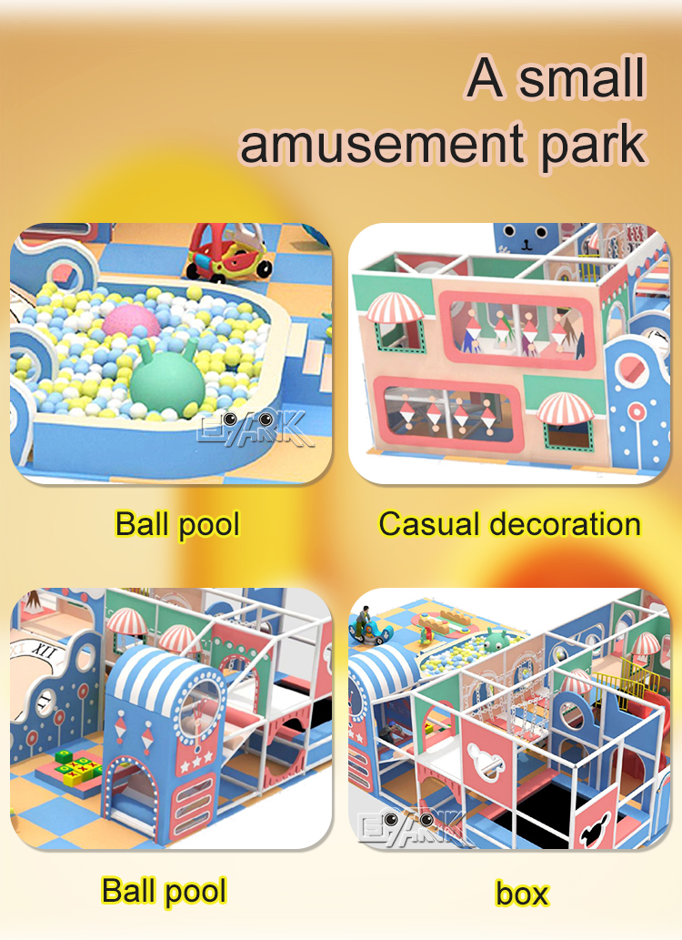 As a top-notch indoor play equipment supplier, Epark incorporates playful elements throughout their playgrounds. The merry-go-round adorned whimsically to resemble a mushroom cap evokes a sense of charm and fantasy. Alongside it, ride-on toys styled as classic cars infuse a sense of adventure, providing opportunities for imaginative play and social interactions. These features bring commercial indoor playgrounds to life, making them centers of creativity, collaboration, and learning.