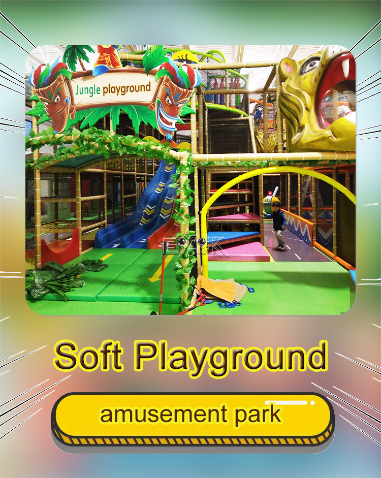 Amusement park style indoor playground with bright tunnels, ball pits, spiral slides, climbing frames, and interactive play equipment for children