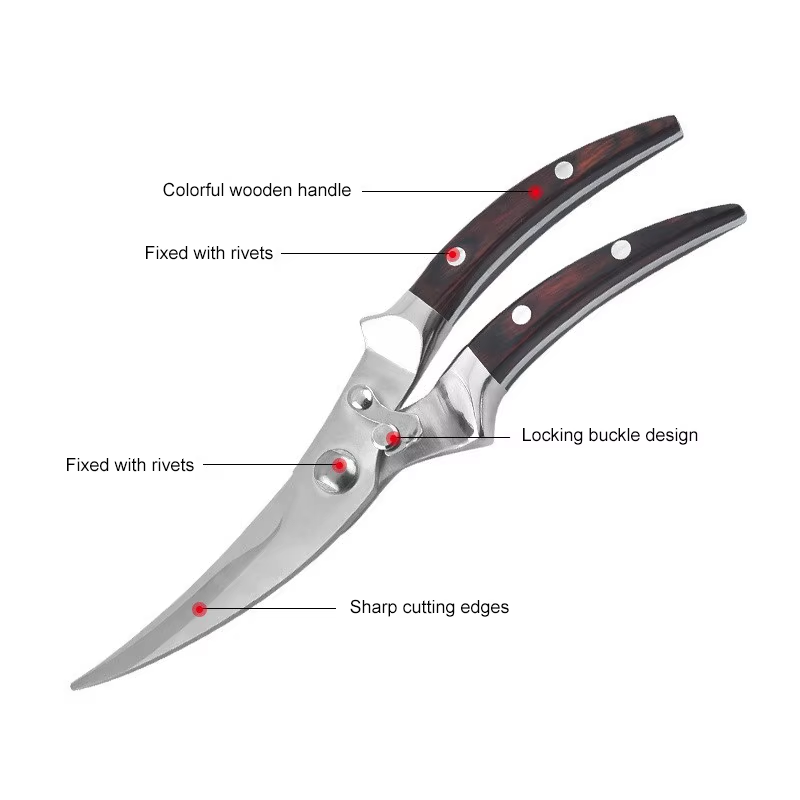 Heavy-duty cooking scissors with wood handle