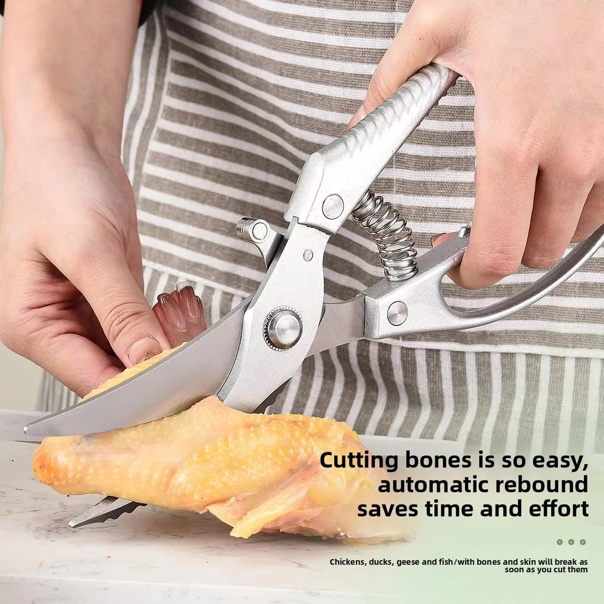 Stainless steel kitchen scissors with spring and safety lock