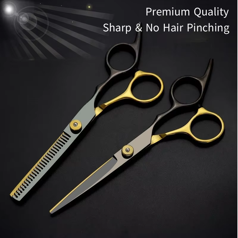 Ergonomic hair thinning scissors black and gold design