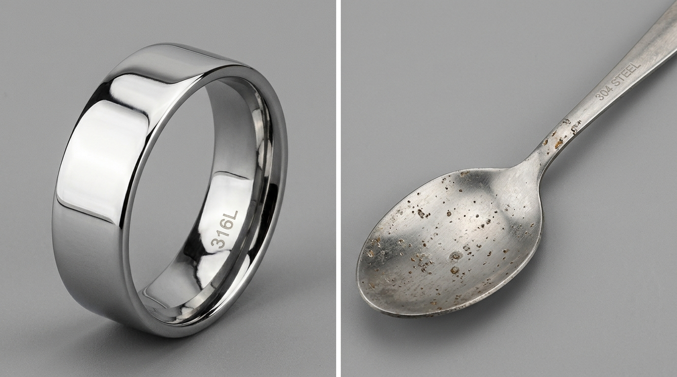 A side-by-side photo showing a polished 316L stainless steel ring next to a dull, slightly pitted 304 steel kitchen spoon.