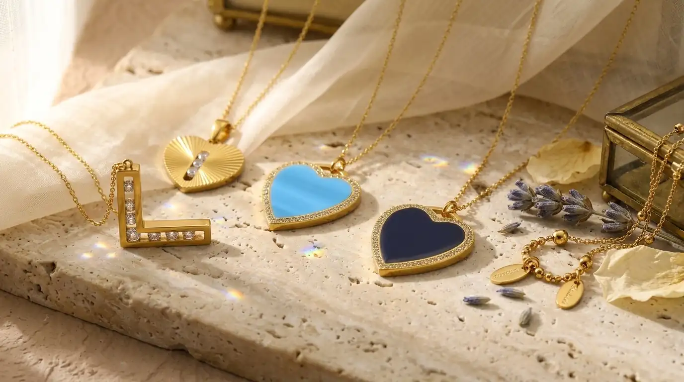 Custom stainless steel jewelry heart and L initial necklaces displayed from a new low angle, on travertine with rainbow light refractions