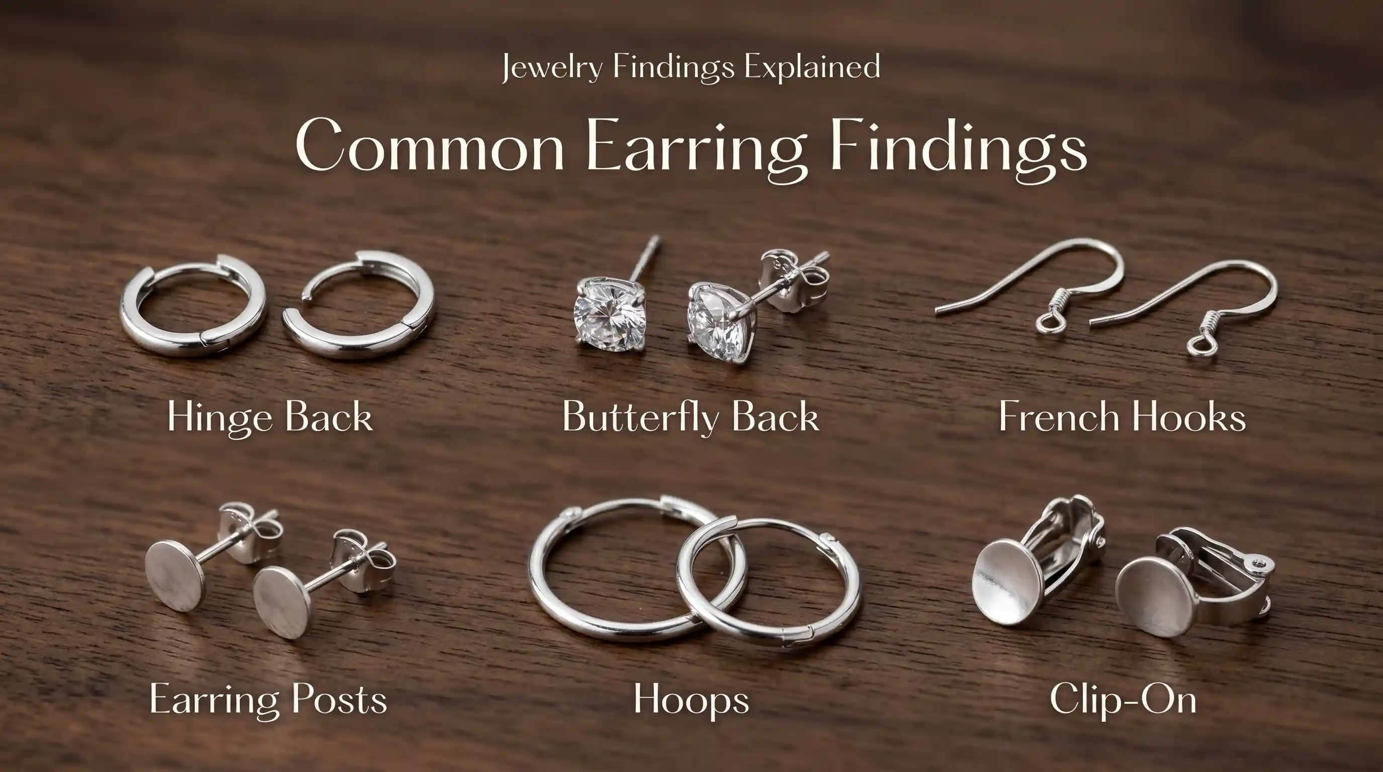 Wholesale stainless steel earring findings including ear wires, hinge backs, butterfly backs and posts