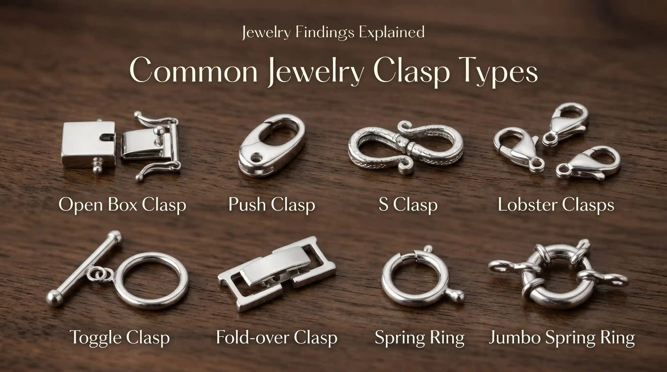Types of jewelry clasps for necklaces and bracelets including lobster clasp, spring ring, toggle clasp and box clasp