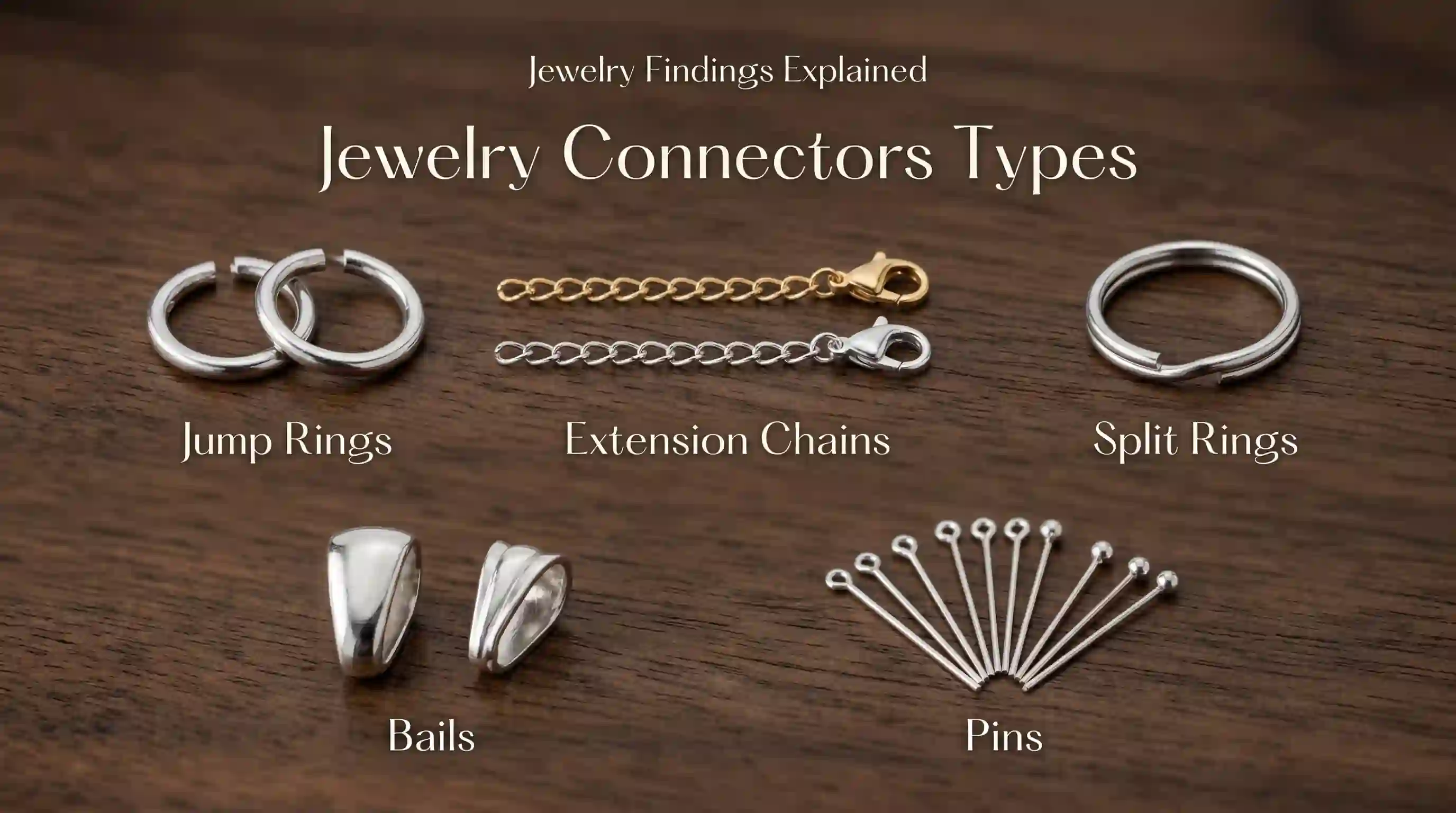 Metal jewelry connectors and fasteners including jump rings, split rings, extension chains and bails