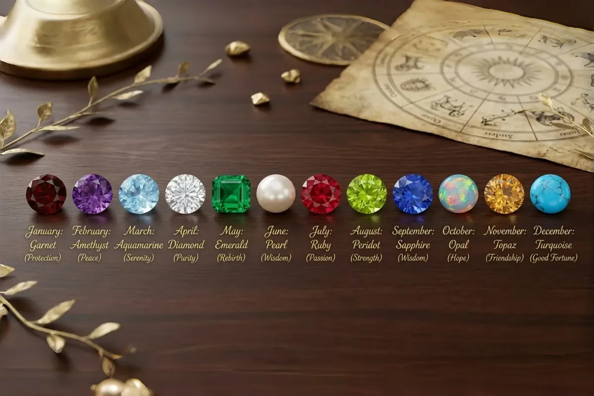 birthstone colors by month chart showing all 12 birthstones