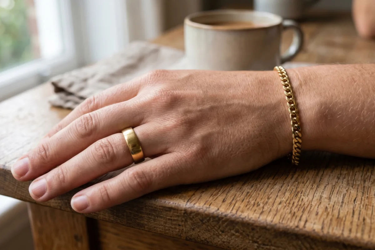 Woman wearing hypoallergenic gold stainless steel jewelry suitable for sensitive skin