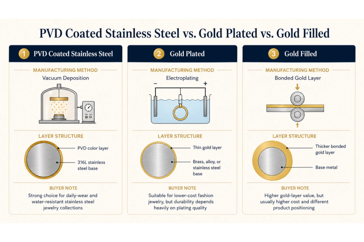 PVD jewelry vs gold plated vs gold filled comparison showing process durability base metal and cost differences