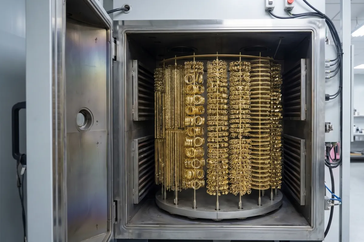 PVD coating process for stainless steel jewelry in a vacuum coating chamber