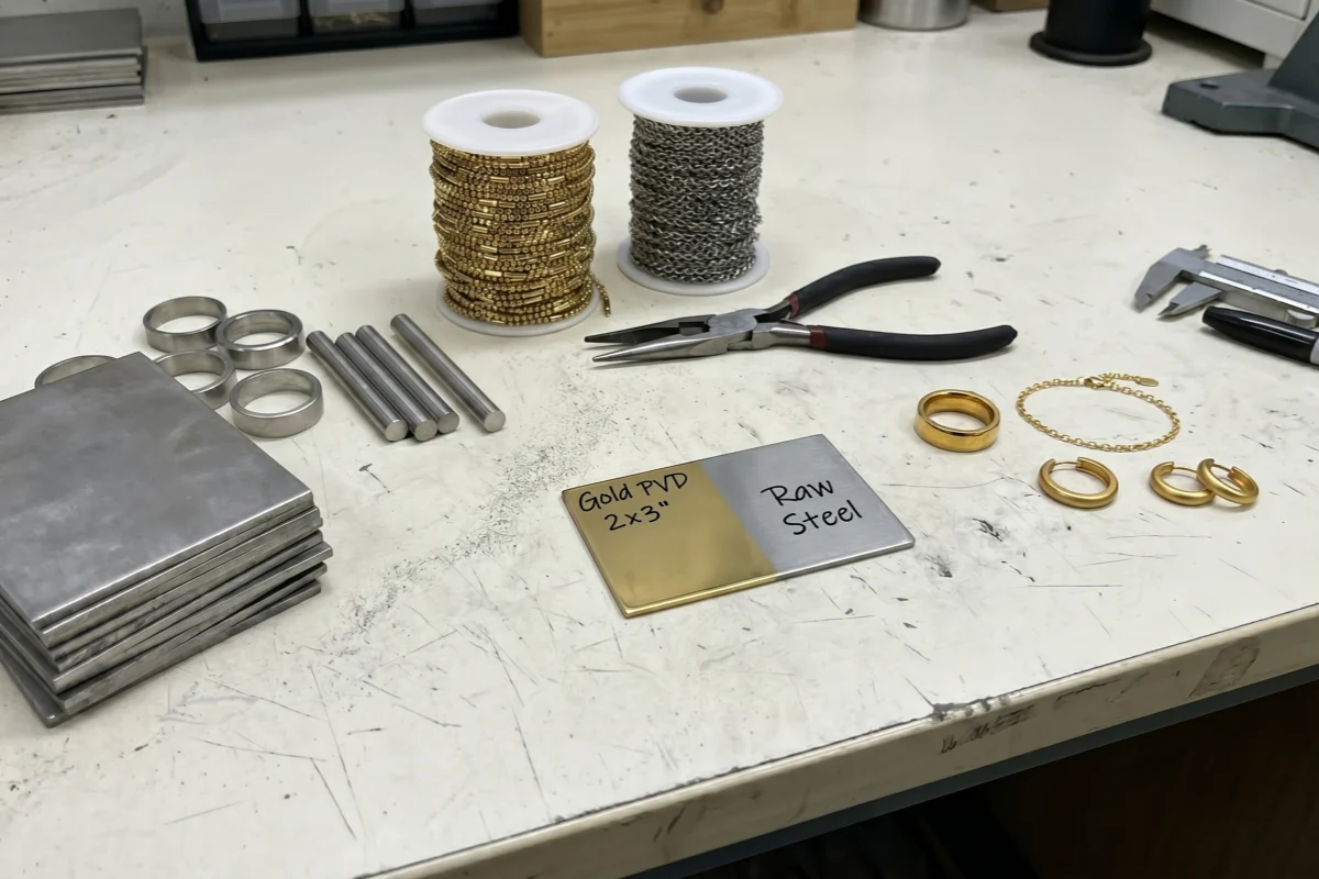 316L stainless steel raw material and PVD gold jewelry samples on a factory workbench
