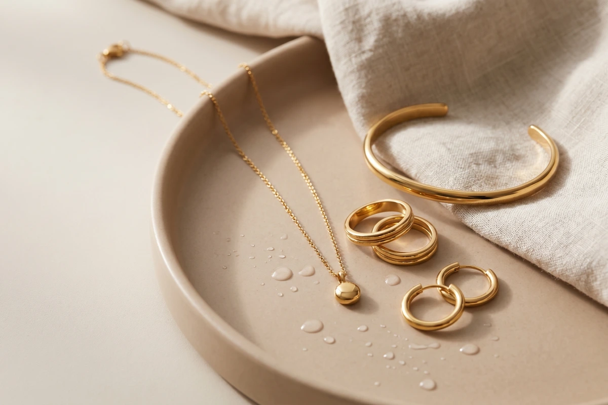 Gold-tone PVD stainless steel jewelry collection with necklace rings bracelet and earrings on a neutral tray