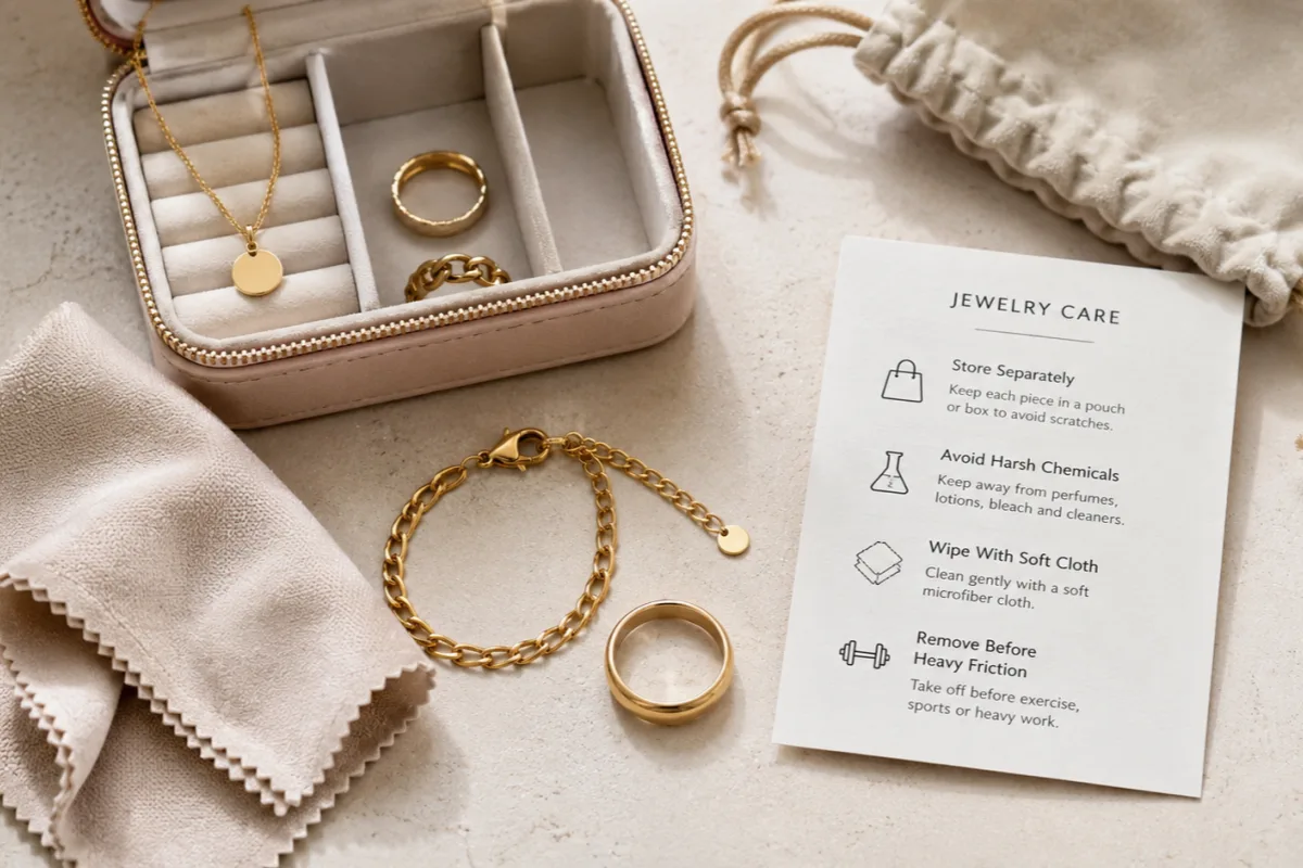 PVD jewelry care card with microfiber cloth and separate storage pouches