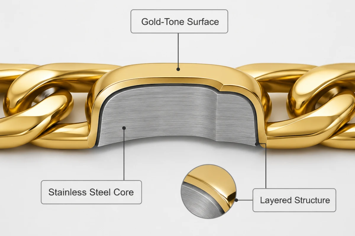 Diagram explaining stainless steel gold jewelry with a gold-tone surface finish