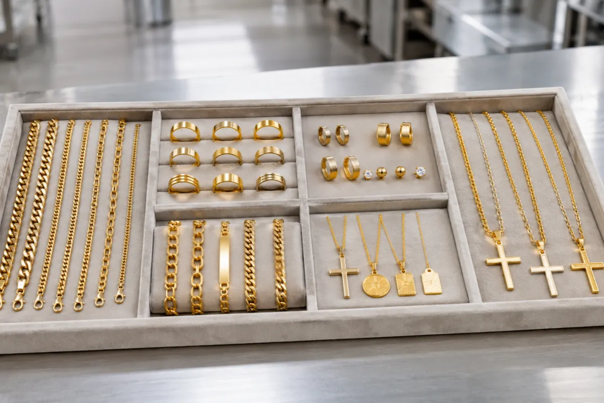 Stainless steel gold chains rings earrings bracelets necklaces and cross pendants