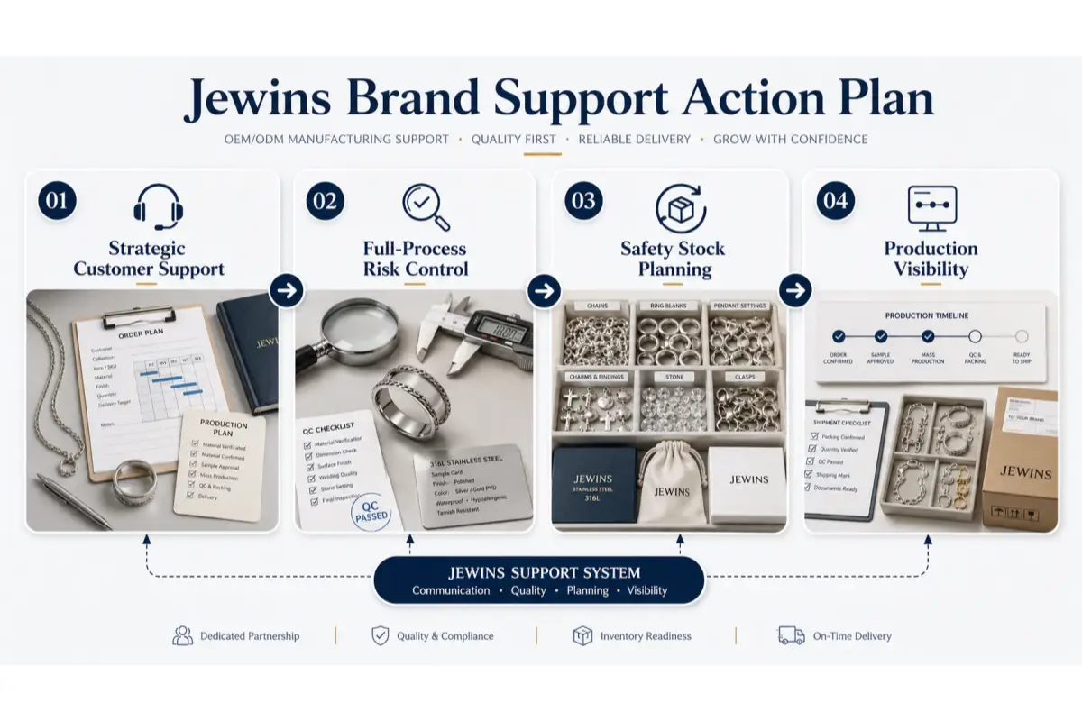 Jewins brand support action plan for growing jewelry brands including customer support risk control safety stock and production visibility