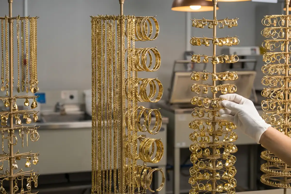 Estantes colgantes para joyería en tono dorado a granel en un área de acabado de fábrica para revisión de la uniformidad del acabado.