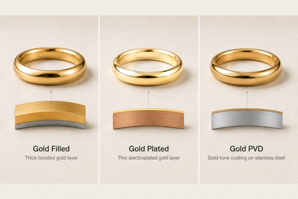 Oro PVD vs. Oro chapado vs. Oro laminado: ¿Qué acabado deberían elegir las marcas de joyería? Oro PVD vs. Oro chapado vs. Oro laminado: ¿Qué acabado deberían elegir las marcas de joyería?