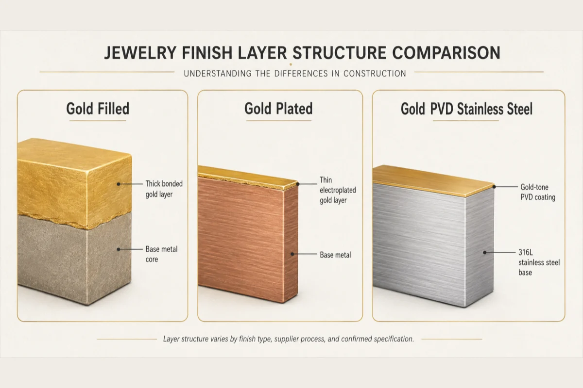 Comparación de la estructura de capas de joyería rellena de oro, chapada en oro y con recubrimiento PVD de oro.