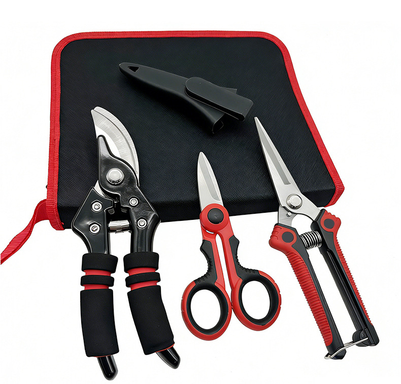 Red and black garden pruning tool kit for tree trimming