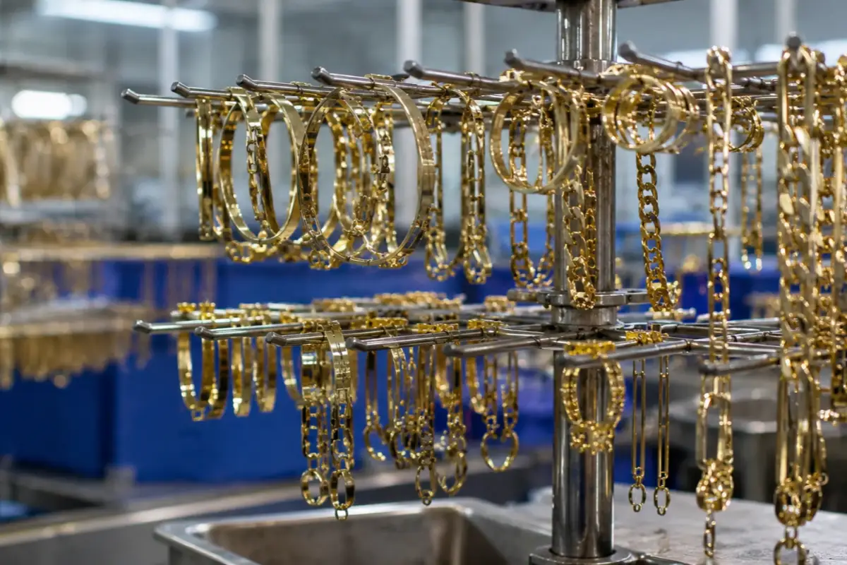 Gold-tone stainless steel jewelry components on a factory finishing rack
