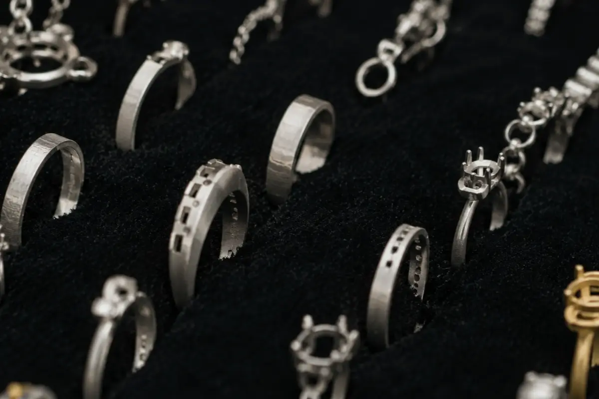 316L stainless steel jewelry samples and semi-finished components on a black sample tray
