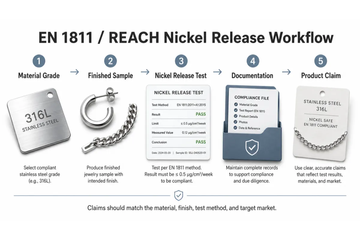 EN 1811 and REACH nickel release testing workflow for stainless steel jewelry brands