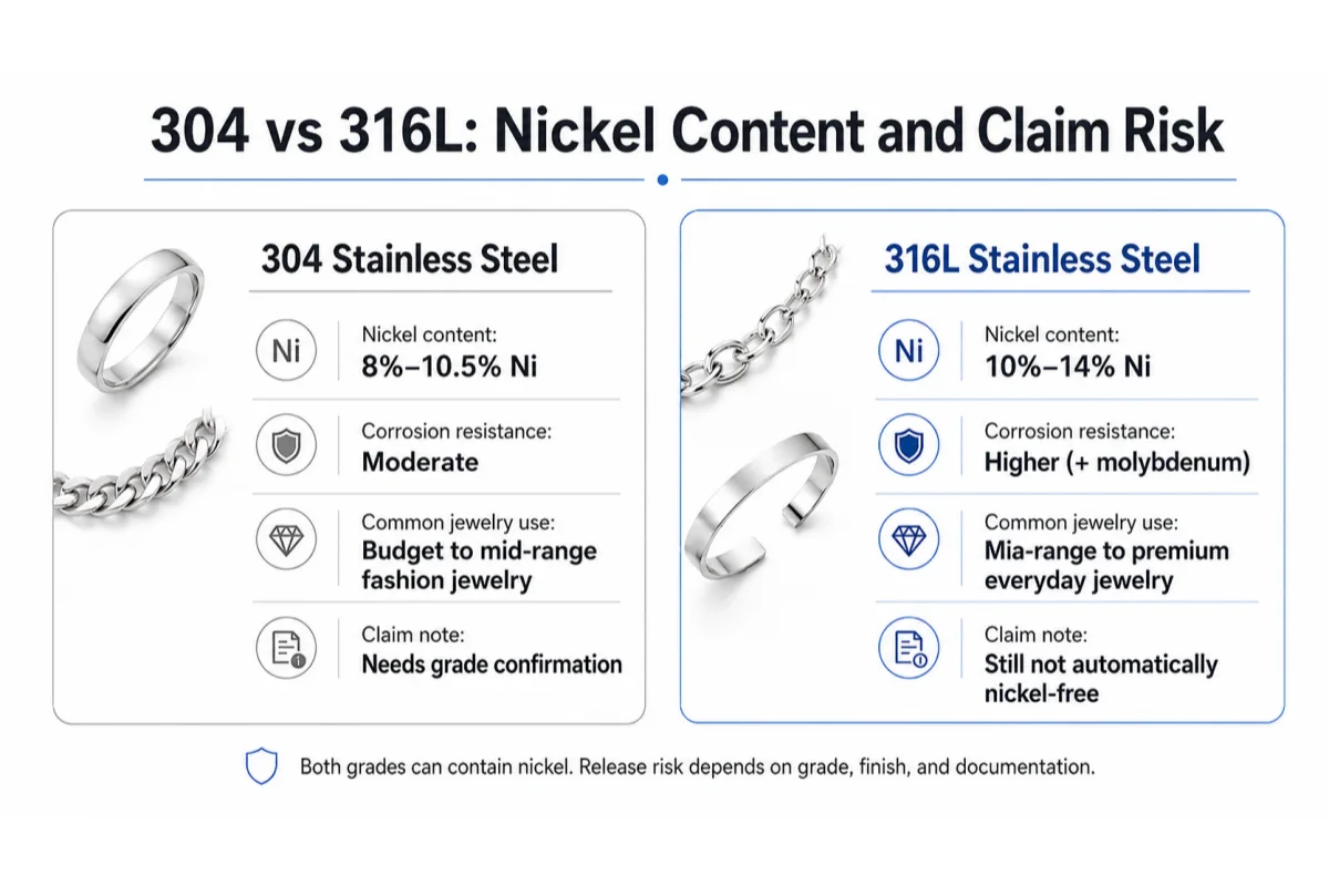 304 vs 316L stainless steel jewelry nickel content and nickel claim risk comparison
