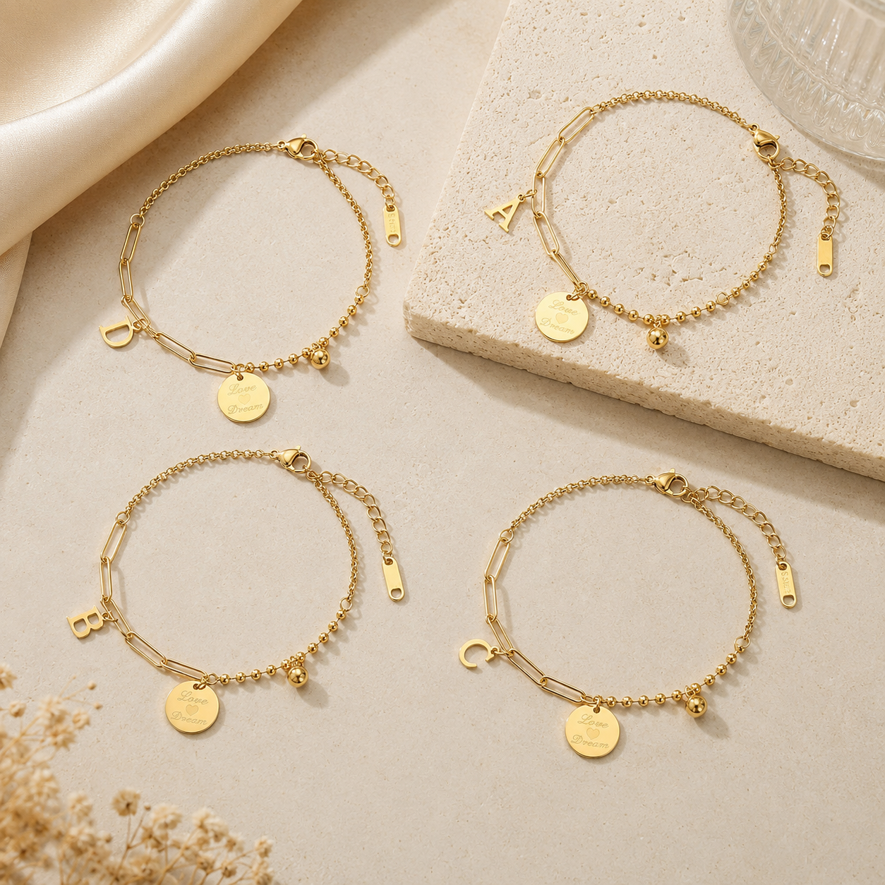 316L Stainless Steel Custom Initial Letter Bracelet | 18K Gold Layered Chain with Coin Charm 316L Stainless Steel Custom Initial Letter Bracelet | 18K Gold Layered Chain with Coin Charm