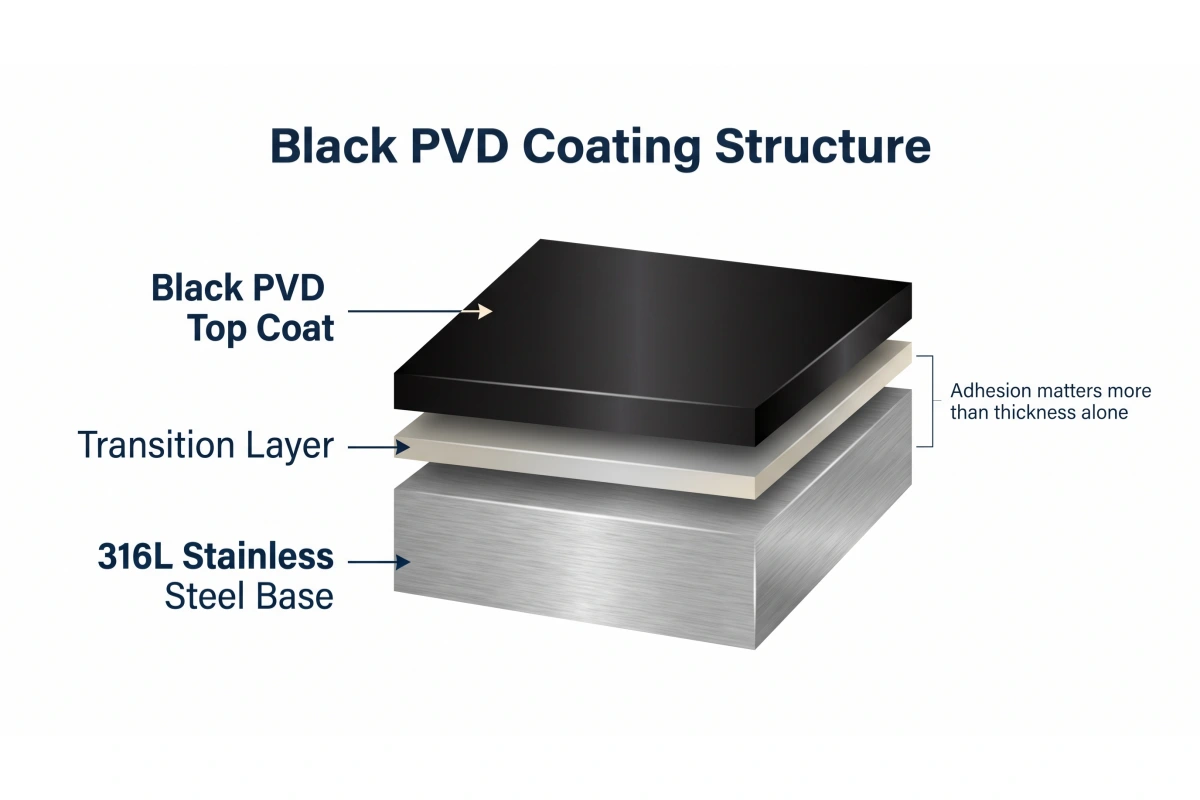 Black PVD coating structure showing top coat transition layer and 316L stainless steel base