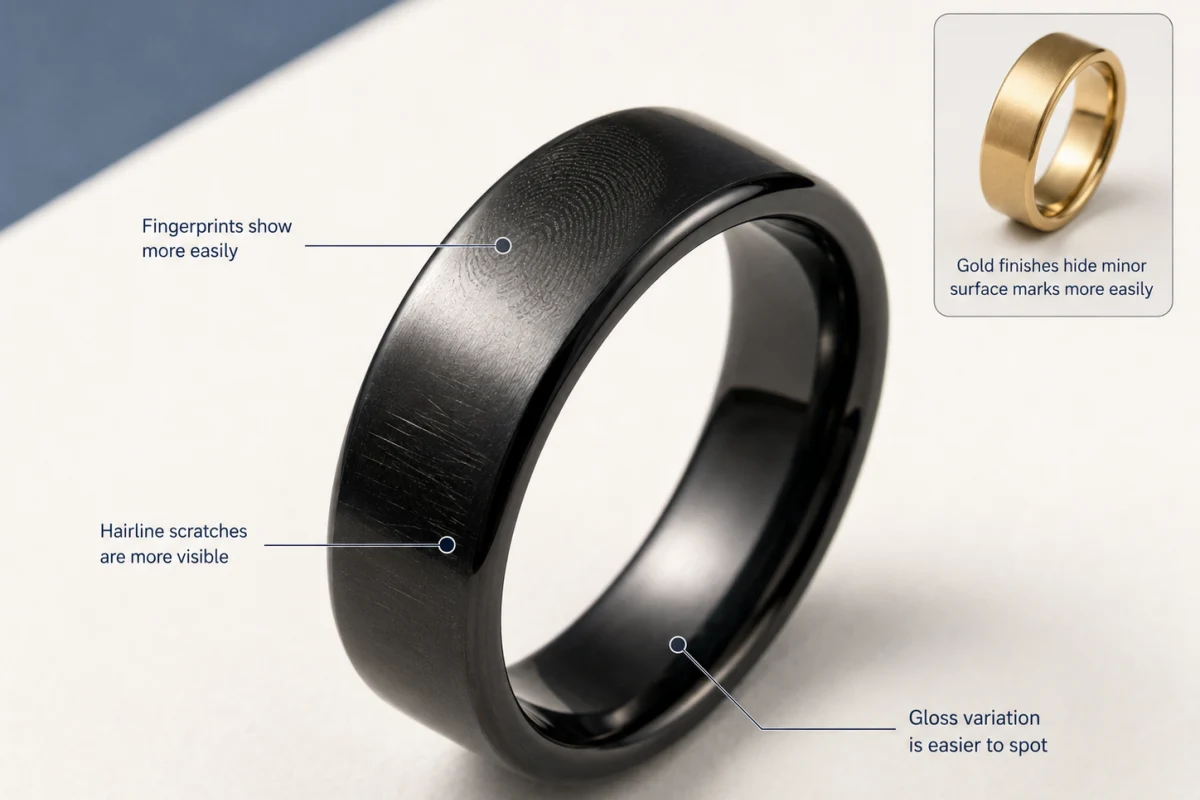 Black PVD stainless steel ring analysis showing fingerprints hairline scratches and gloss variation