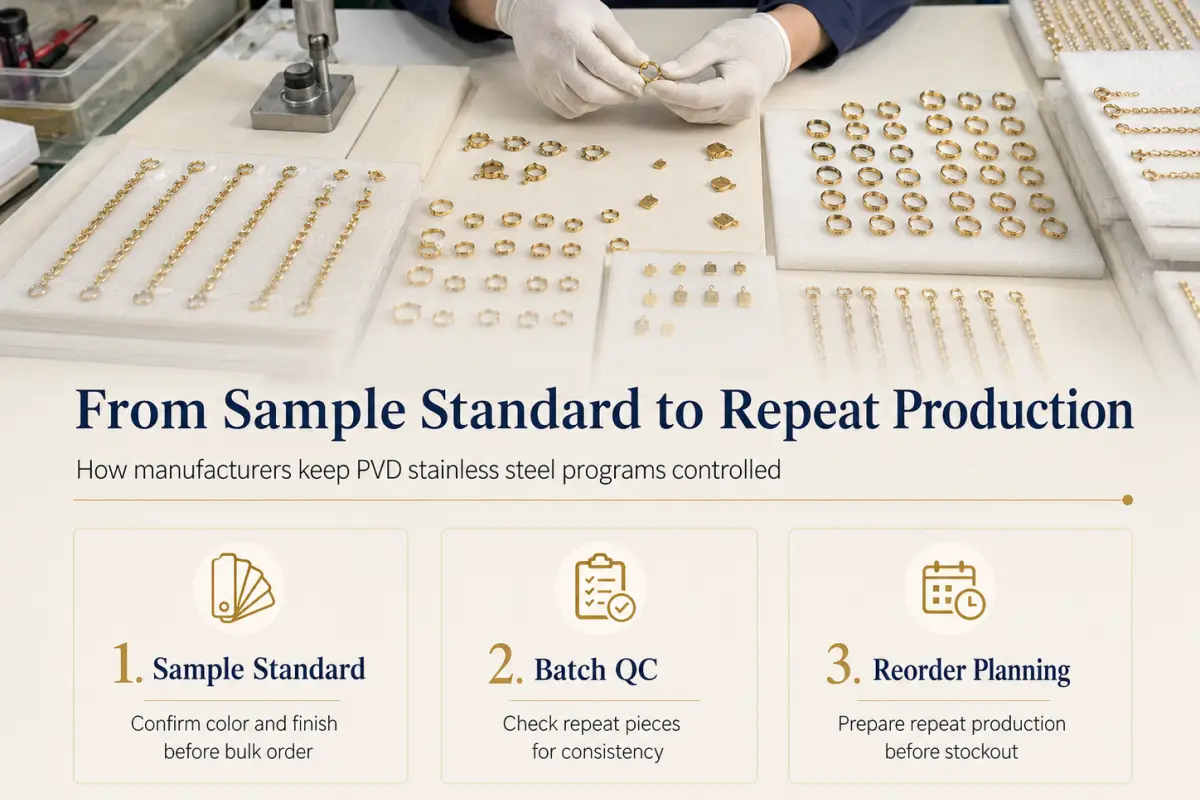 PVD stainless steel jewelry production control process from sample standard to batch QC and reorder planning