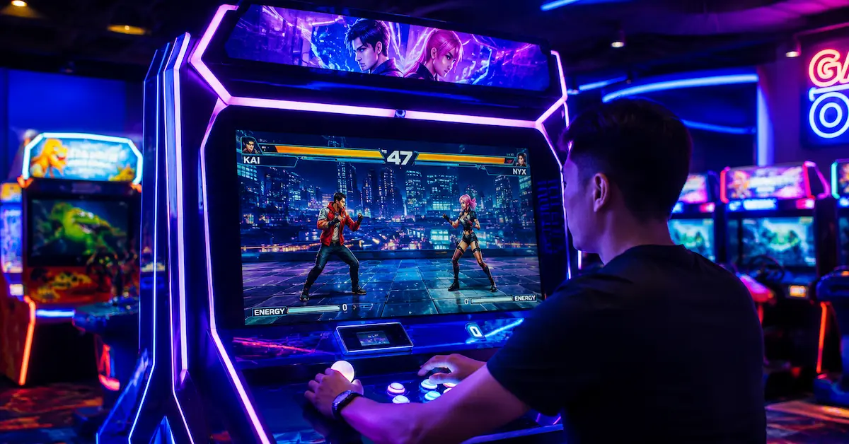 jugador en máquina recreativa de juegos de lucha neón
