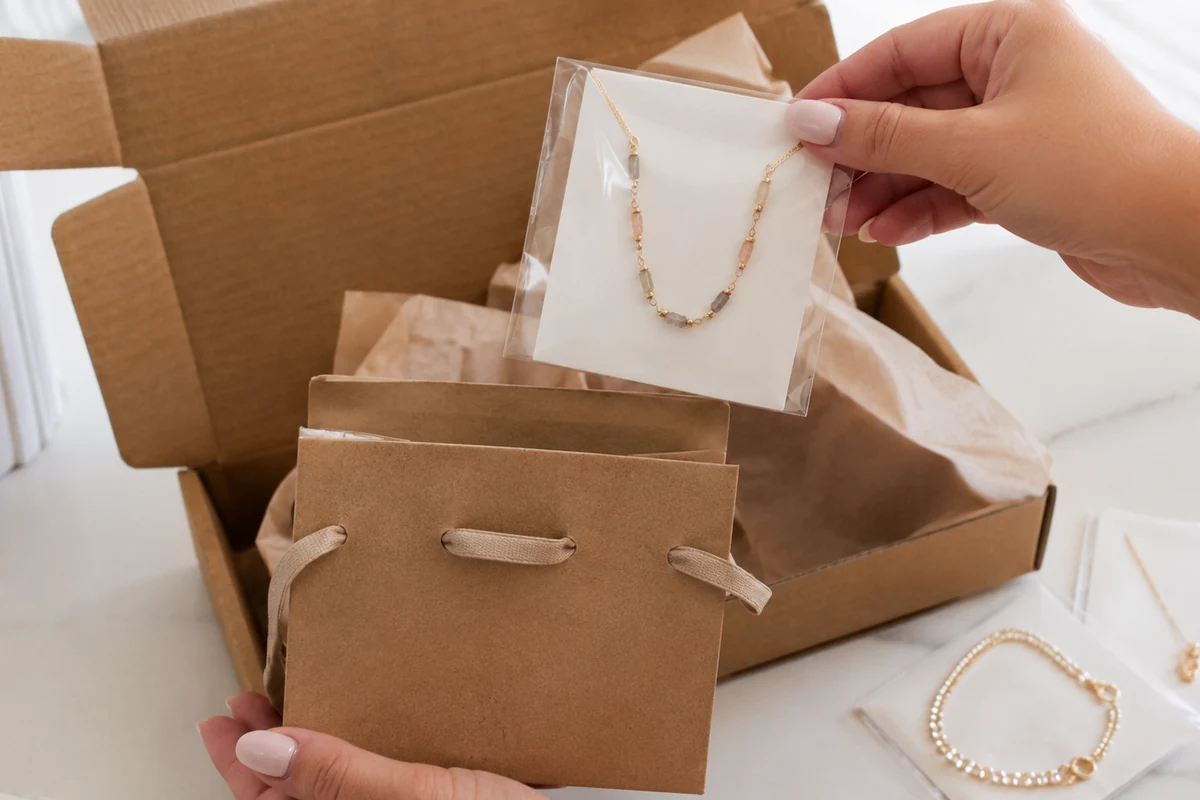 Private label jewelry packaging review with a necklace sample, product card, and shipping box