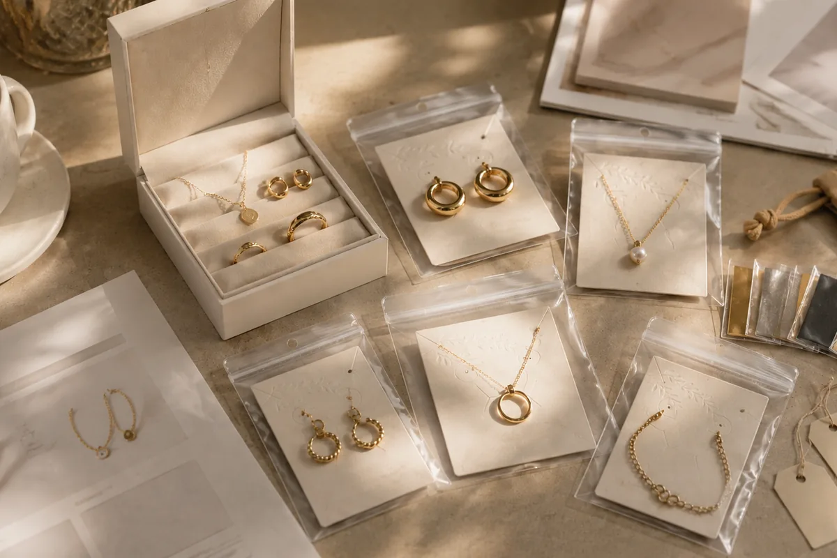 Gold-tone jewelry samples, finish swatches, packaging materials, and repeat-production planning documents