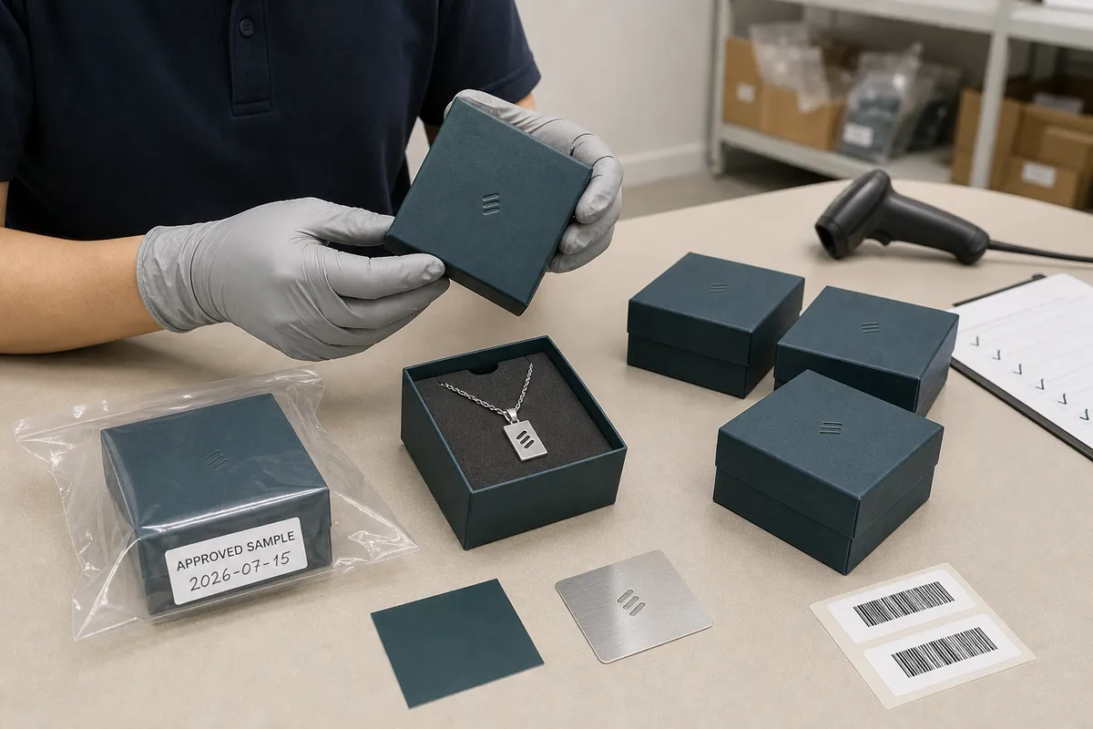 Approved jewelry packaging sample undergoing checks for dimensions, insert fit, logo and barcode