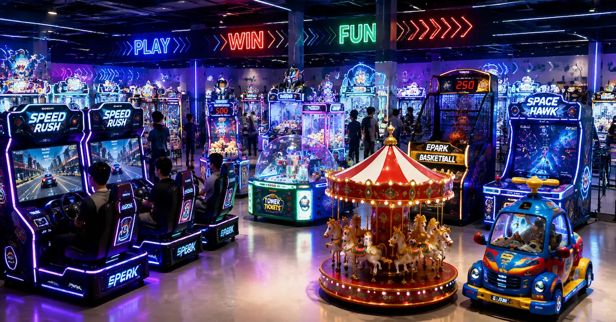 Commercial arcade equipment showroom scene